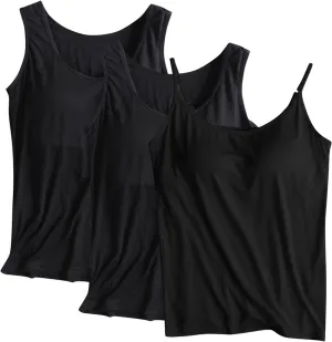 3 Pack Women Tank Tops and Camisole Summer Soft Comfy Modal Built-in Bra Undershirts Sleeveless Scoop Neck Yoga Tees