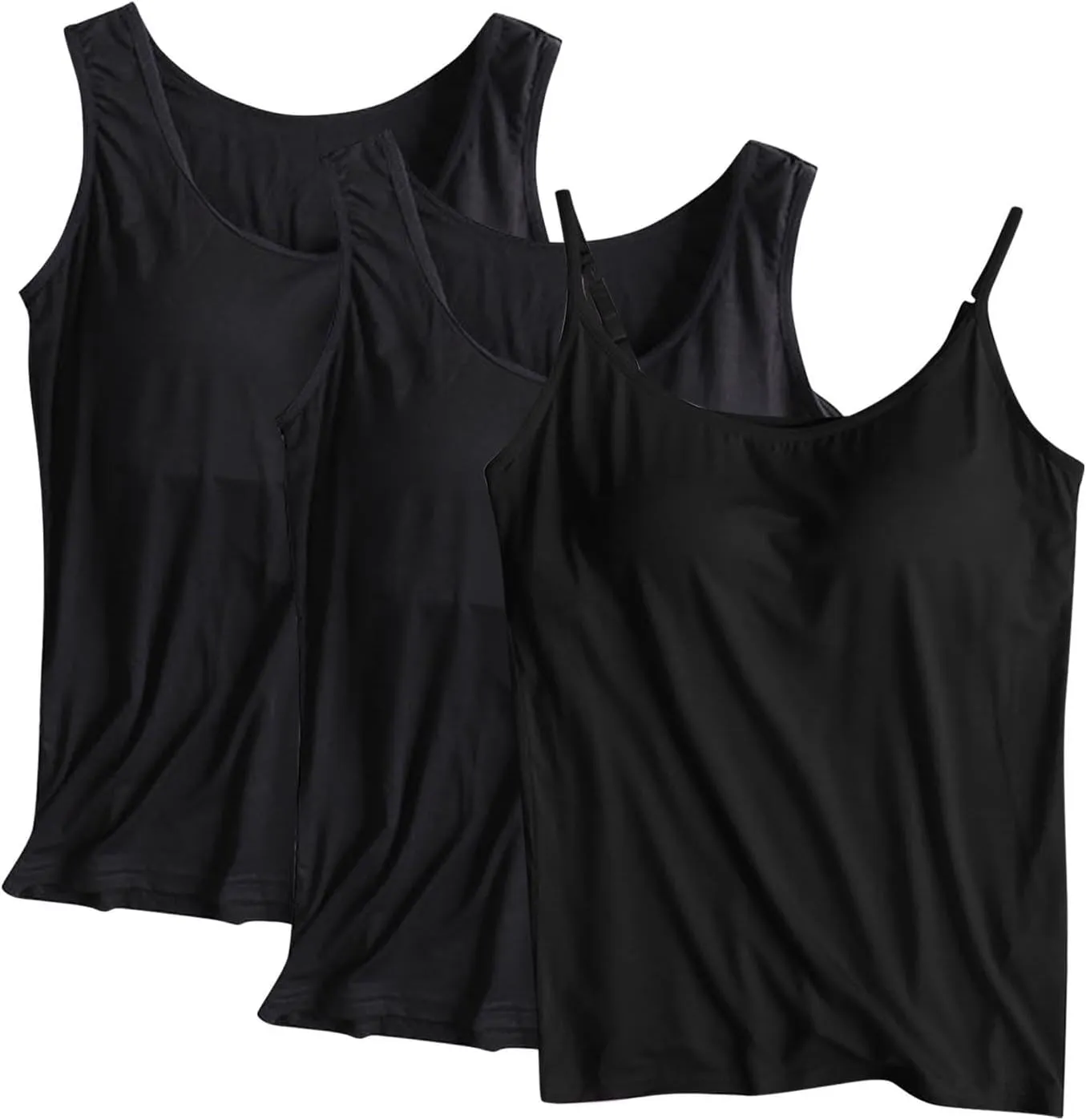 3 Pack Women Tank Tops and Camisole Summer Soft Comfy Modal Built-in Bra Undershirts Sleeveless Scoop Neck Yoga Tees