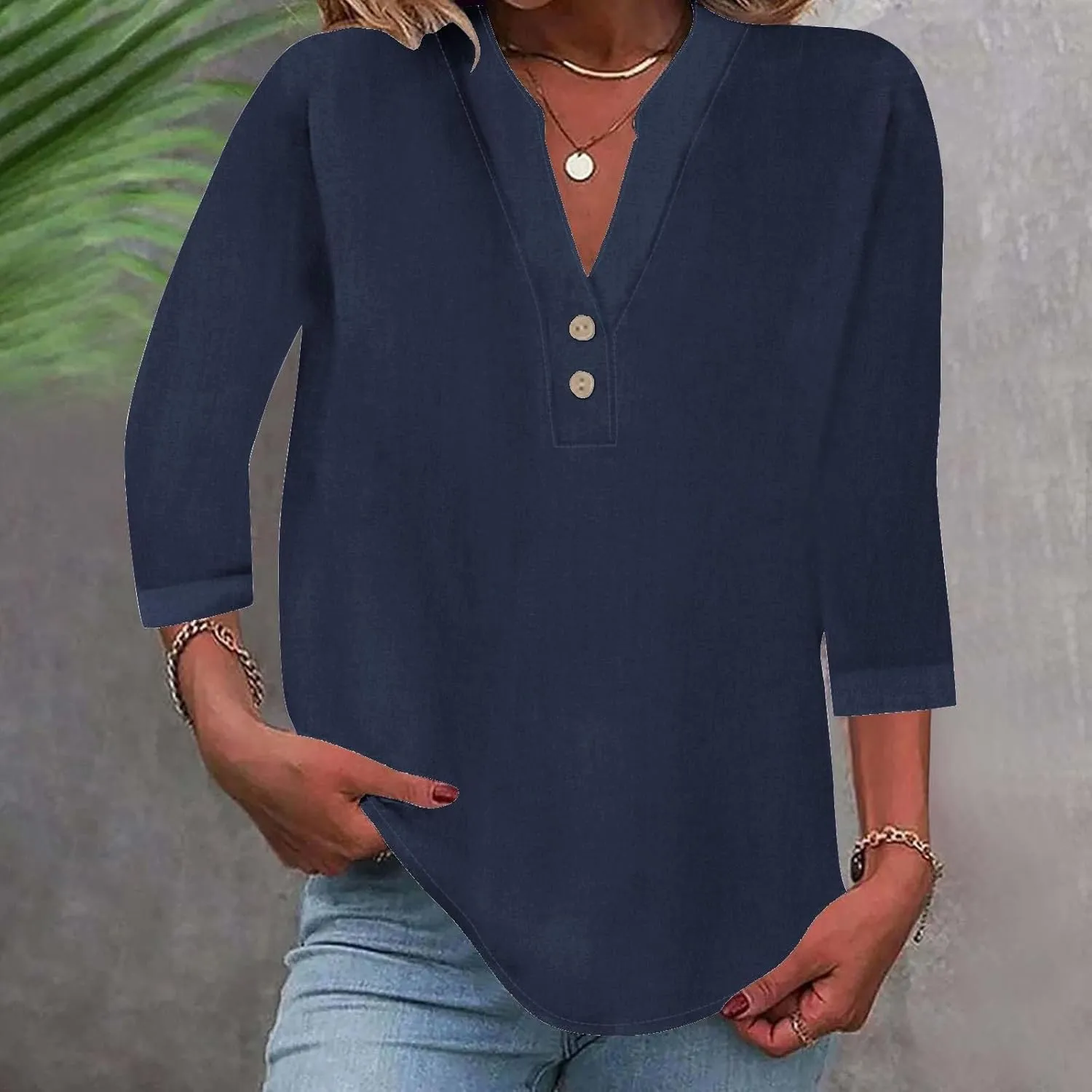 3/4 Sleeve Linen Tops for Women 2025 Summer Loose Fit V Neck Button Down Henley Shirts Solid Beach Vacation Blouses