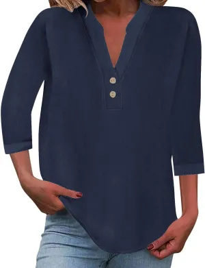 3/4 Sleeve Linen Tops for Women 2025 Summer Loose Fit V Neck Button Down Henley Shirts Solid Beach Vacation Blouses