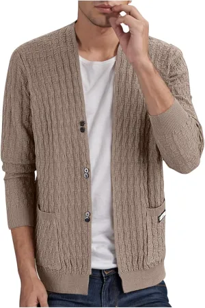 Cardigan Sweaters for Men Ribbed Knit Sweater Button Down Open Front Cardigan Casual Outwear V Neck Jacket with Pockets