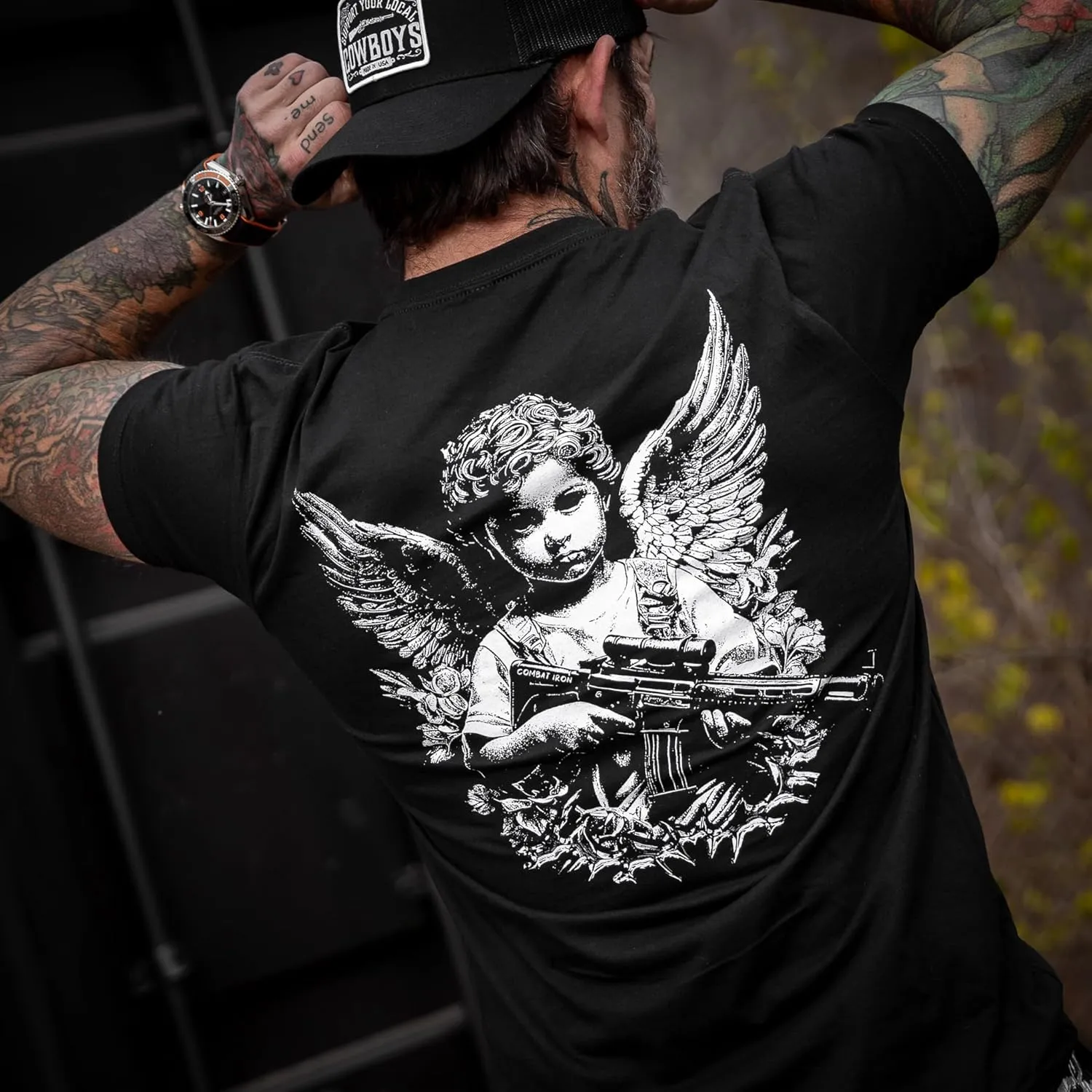 Combat Iron Men's Graphic T-Shirt | Armed Guardian Angel | Cotton-Poly Blend | Athletic Fit, Tagless Comfort