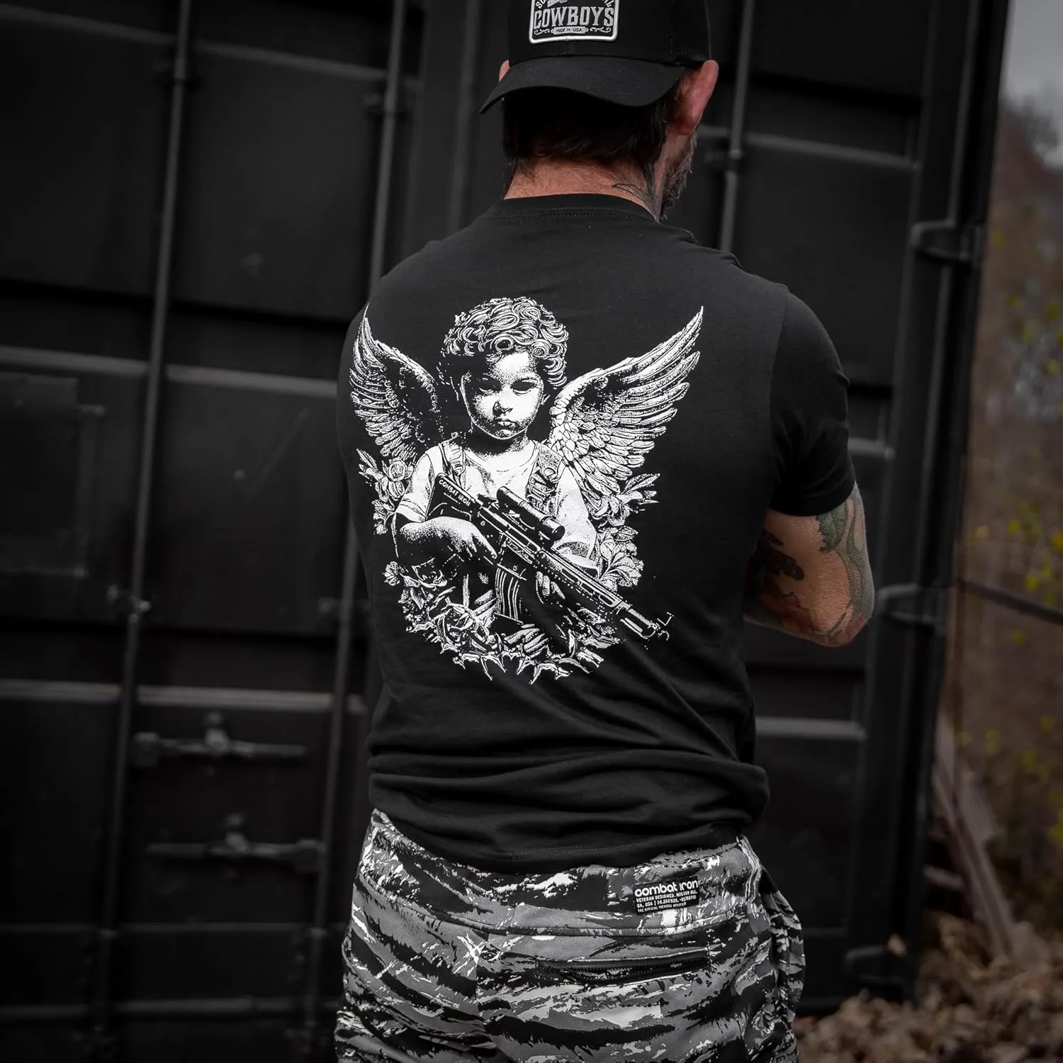Combat Iron Men's Graphic T-Shirt | Armed Guardian Angel | Cotton-Poly Blend | Athletic Fit, Tagless Comfort