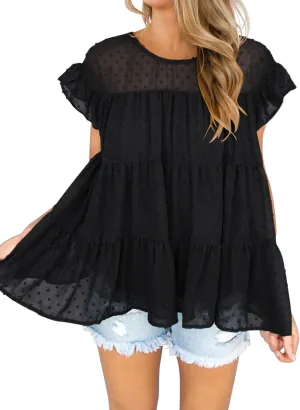 DOROSE Womens Babydoll Tops Swiss Dot Peplum Top Ruffle Sleeve Flowy Blouse