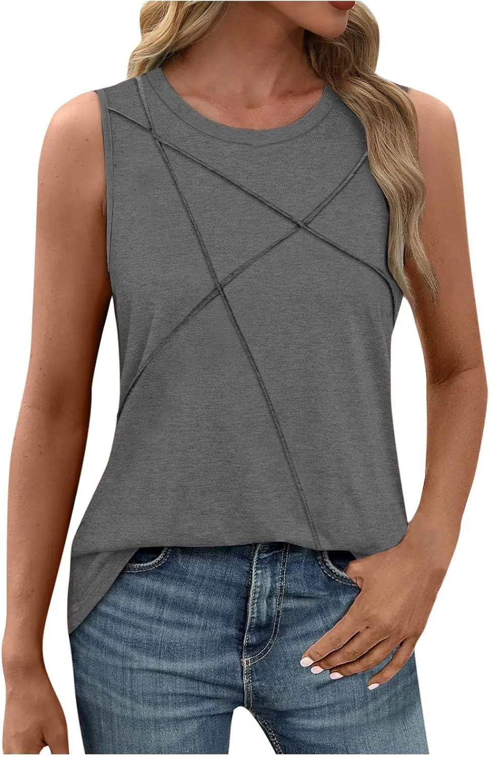 Funny Pleated Geometry Tank Tops Women Summer Sleeveless Crewneck Tunic T-Shirt Comfy Casual Loose Fit Beach Blouse