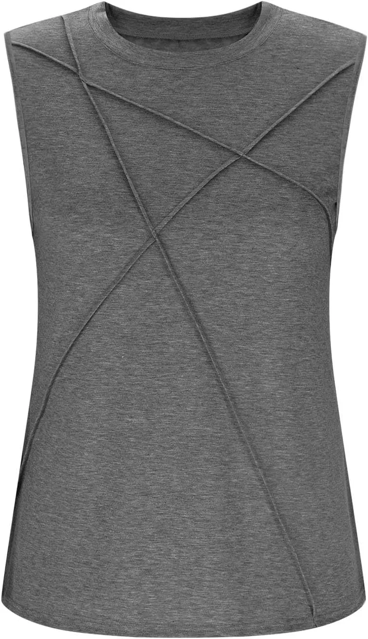 Funny Pleated Geometry Tank Tops Women Summer Sleeveless Crewneck Tunic T-Shirt Comfy Casual Loose Fit Beach Blouse