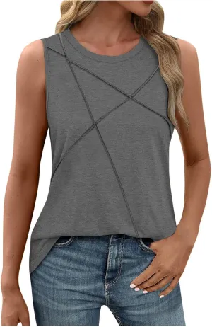 Funny Pleated Geometry Tank Tops Women Summer Sleeveless Crewneck Tunic T-Shirt Comfy Casual Loose Fit Beach Blouse