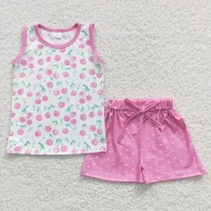 girls cherry printed tank tops shorts sets GSSO0323