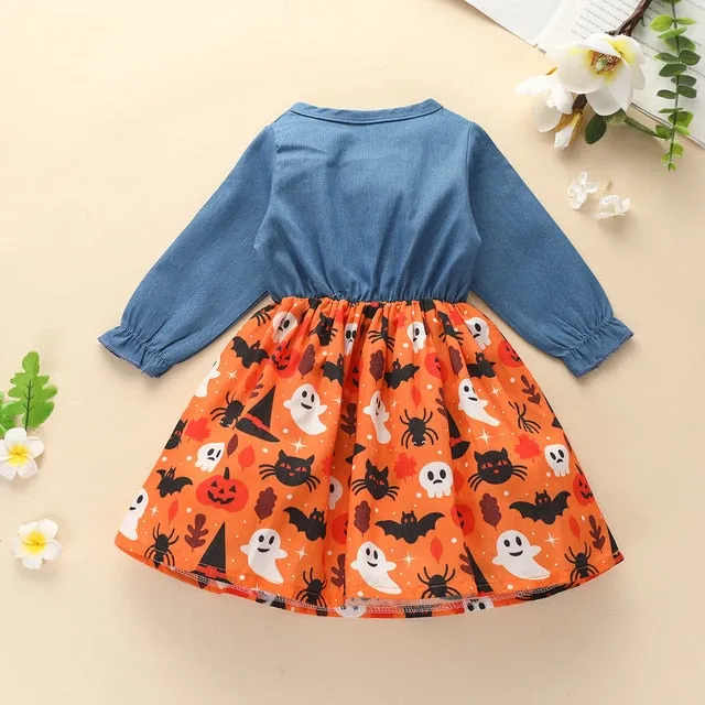 Girls Denim Splice Dresses Toddler Halloween Pumpkin Ghost Pattern Dress