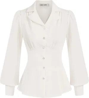 GRACE KARIN Button Down Shirts for Women Summer Peplum Tops Long Sleeve Work Blouse Collared Shirt Dressy Top