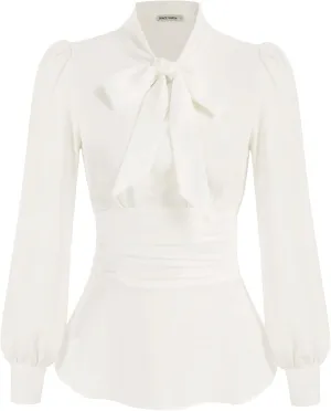 GRACE KARIN Women's 2025 Long Sleeve Peplum Dressy Shirt Office Bow Tie Work Blouses Tops Smocked Waist