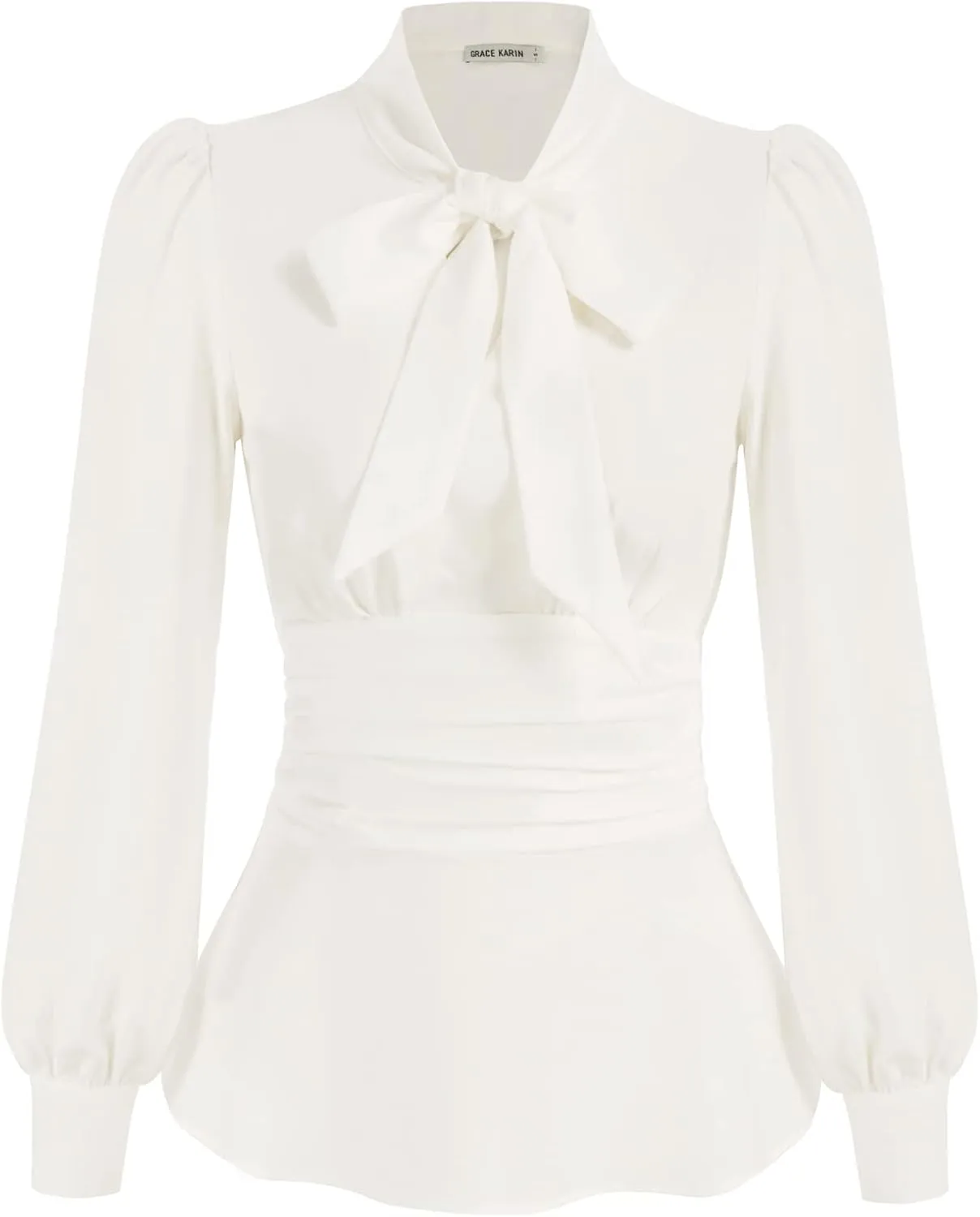 GRACE KARIN Women's 2025 Long Sleeve Peplum Dressy Shirt Office Bow Tie Work Blouses Tops Smocked Waist