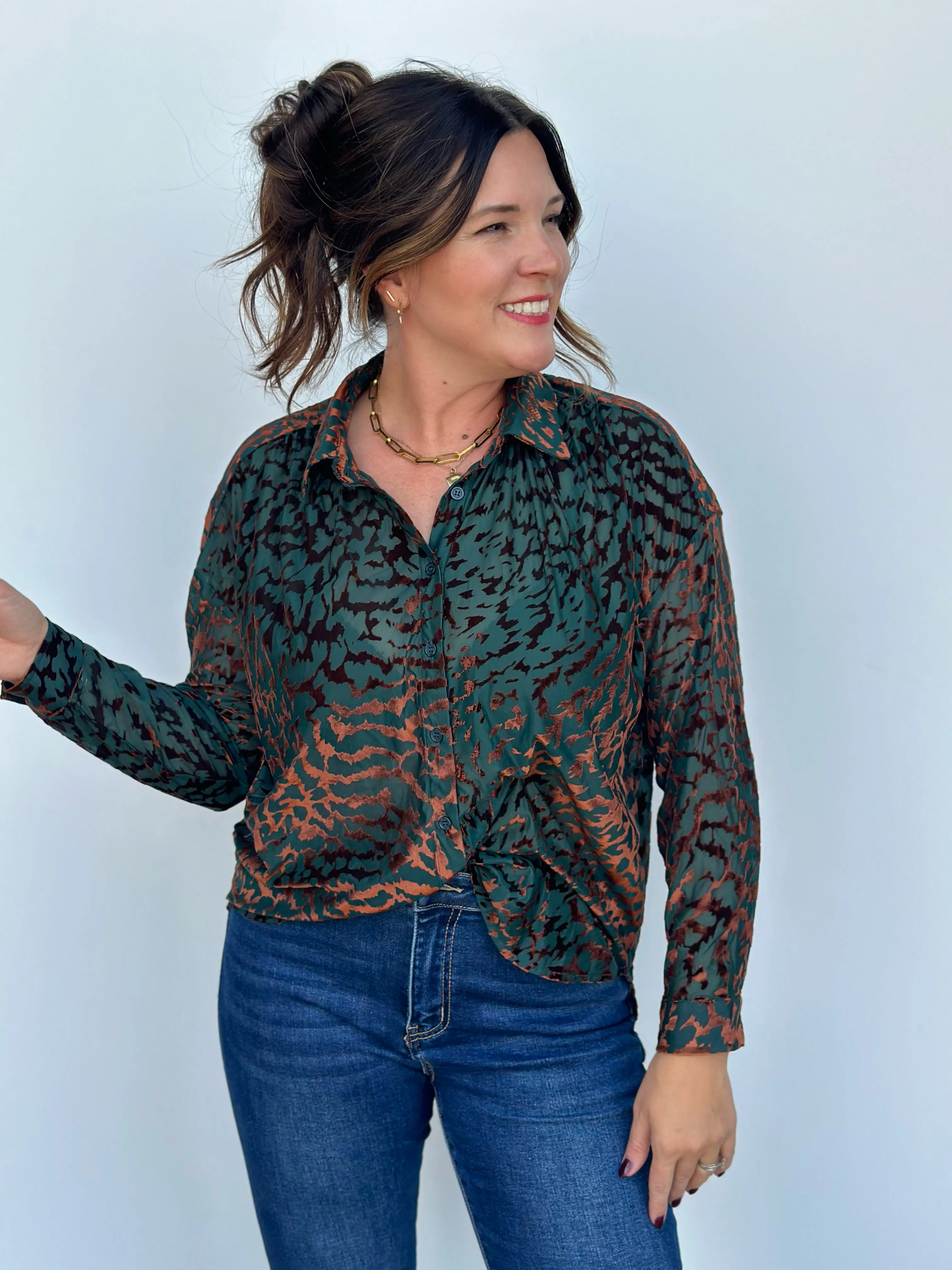Hunter Green Print Button Up