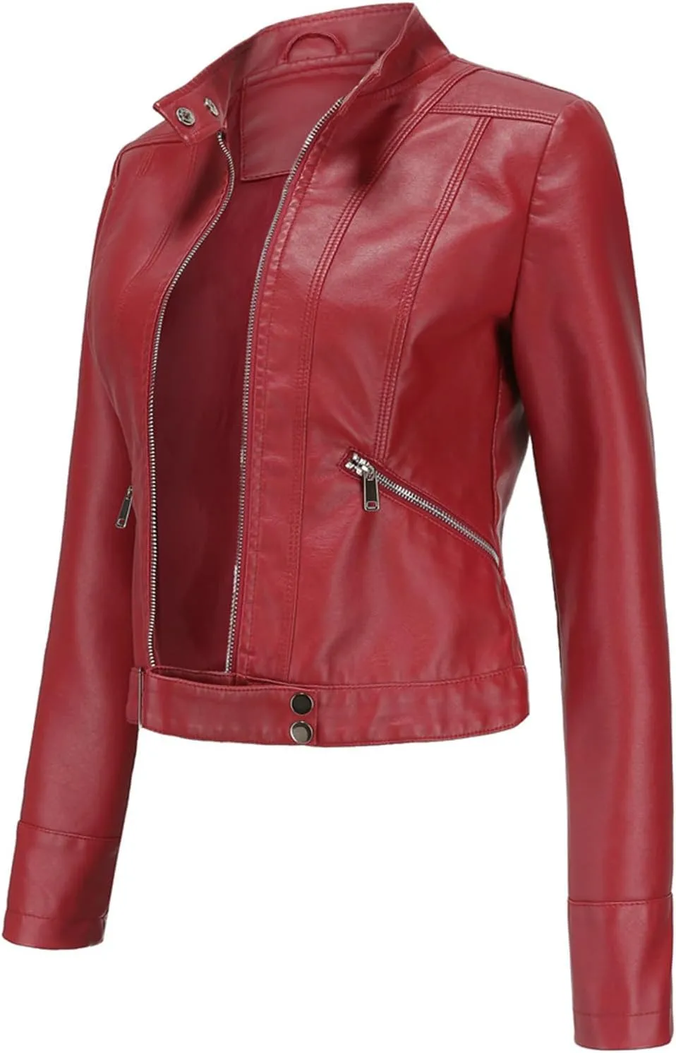 Leather Jackets for Women Zip Up Moto Biker Jackets Faux Leather Comfy Long Sleeve Stand Collar Coat with Zip Pockets