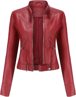 Leather Jackets for Women Zip Up Moto Biker Jackets Faux Leather Comfy Long Sleeve Stand Collar Coat with Zip Pockets