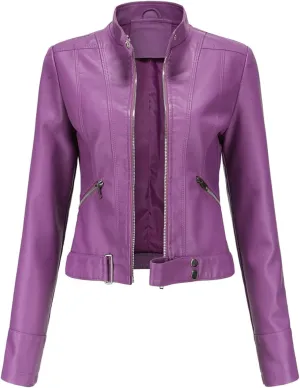 Leather Jackets for Women Zip Up Moto Biker Jackets Faux Leather Comfy Long Sleeve Stand Collar Coat with Zip Pockets