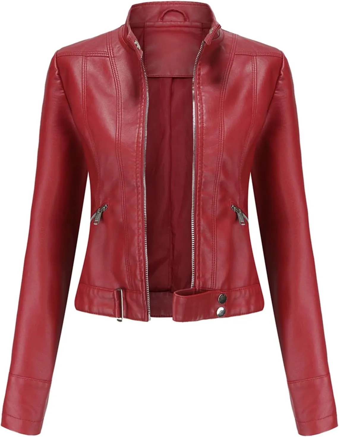 Leather Jackets for Women Zip Up Moto Biker Jackets Faux Leather Comfy Long Sleeve Stand Collar Coat with Zip Pockets