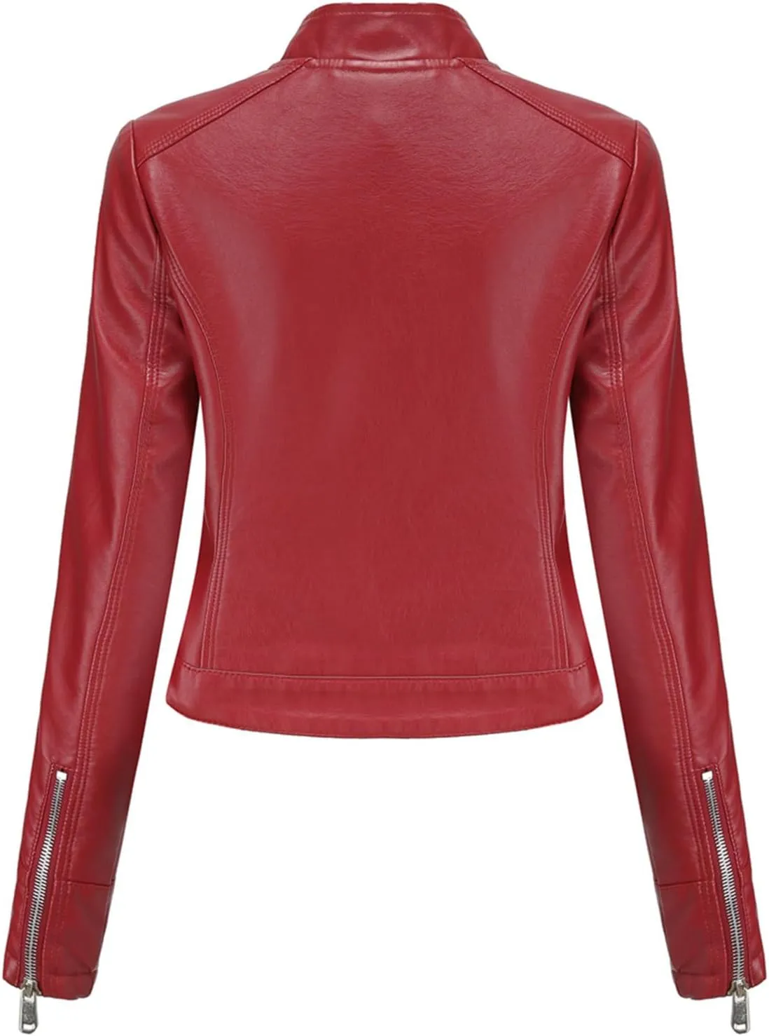 Leather Jackets for Women Zip Up Moto Biker Jackets Faux Leather Comfy Long Sleeve Stand Collar Coat with Zip Pockets