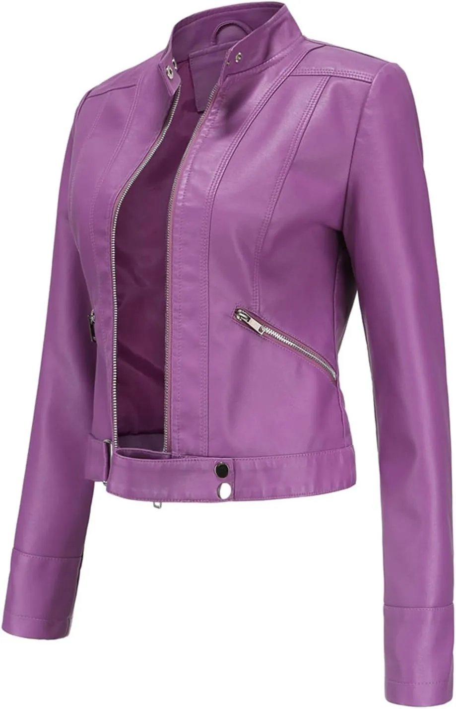 Leather Jackets for Women Zip Up Moto Biker Jackets Faux Leather Comfy Long Sleeve Stand Collar Coat with Zip Pockets