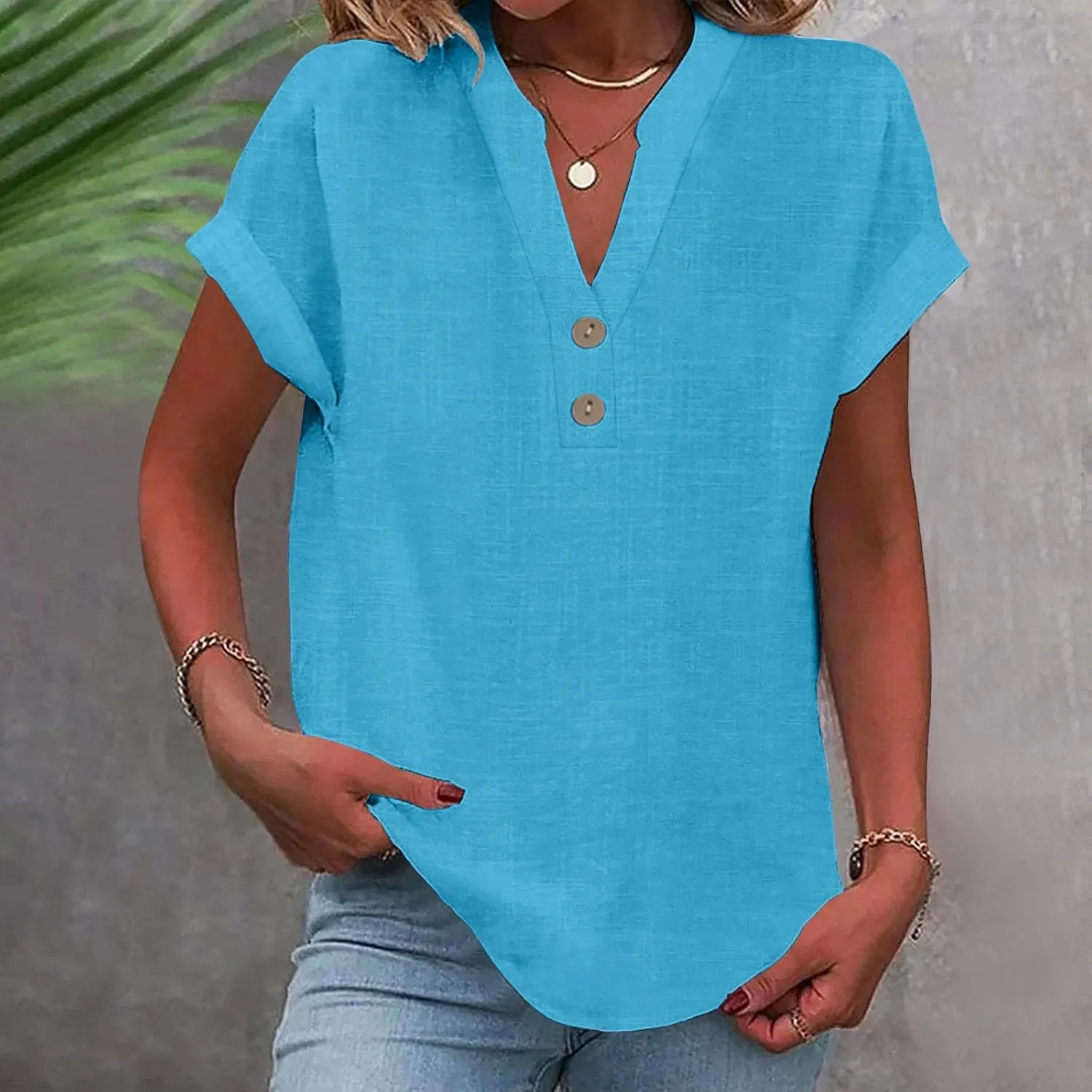 Linen Tops for Women Short Sleeve Summer Shirts V Neck Button Henley Vacation Tunic Top Roll Up Work Blouses Tees