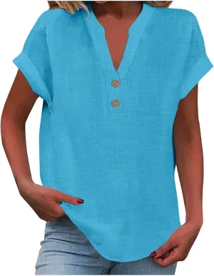 Linen Tops for Women Short Sleeve Summer Shirts V Neck Button Henley Vacation Tunic Top Roll Up Work Blouses Tees