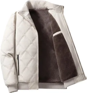 Men Fleece Lined Puffer Jacket Full Zip Stand Collar Quilted Down Jacket Winter Warm Business Insulated Coat with Pocket