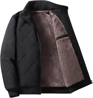 Men Fleece Lined Puffer Jacket Full Zip Stand Collar Quilted Down Jacket Winter Warm Business Insulated Coat with Pocket