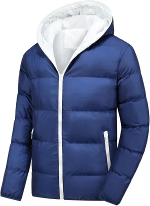 Mens Color Block Puffer Jacket Lightweight Hooded Down Coat Quilted Insulated Jacket Zip up Padded Coat Winter Ouwear