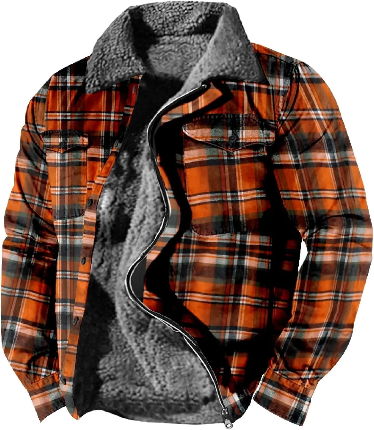 Mens Long Sleeve Sherpa Lined Plaid Flannel Shirt Jacket Hoodies Fleece Coat Fall Winter Windproof Warm Jackets
