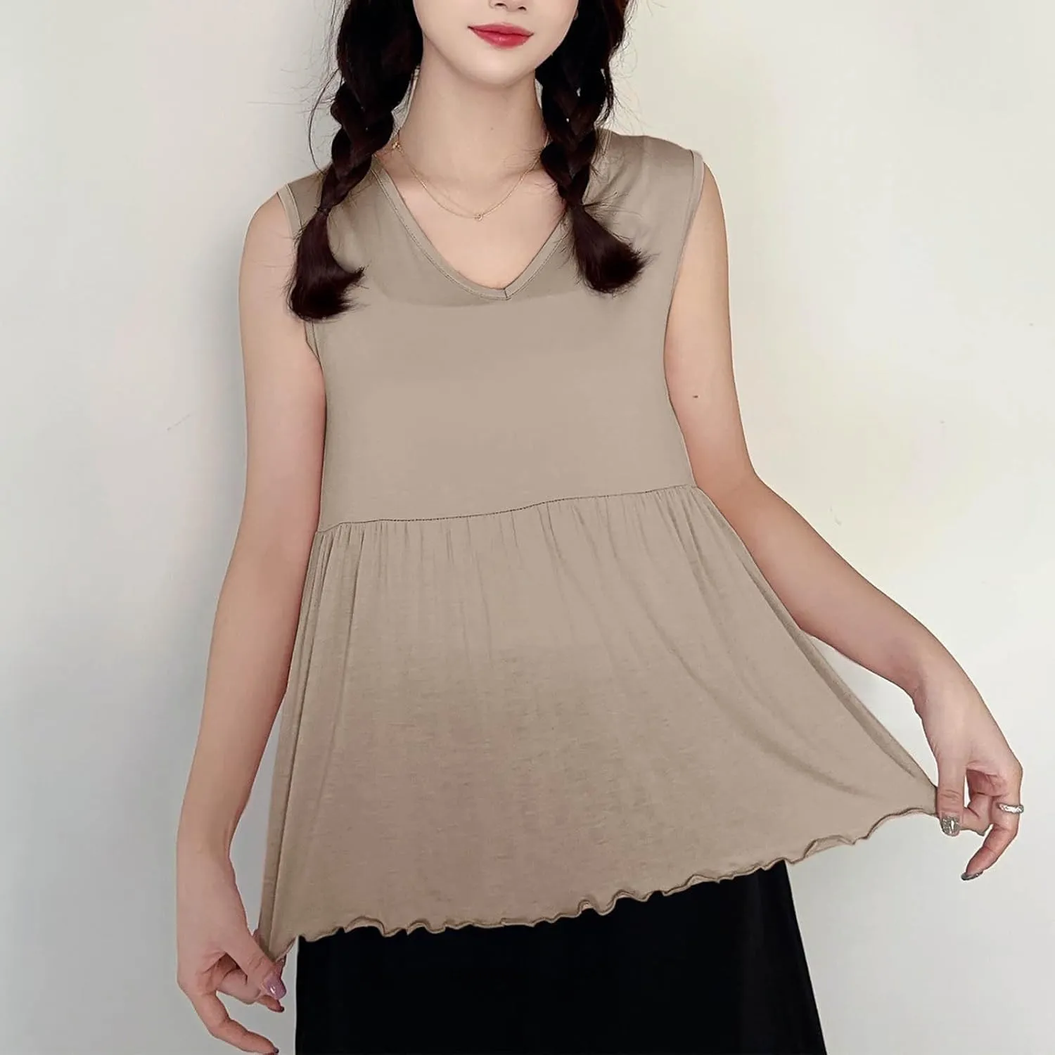 Oplxuo Women Sleeveless Tank Top V-Neck Ruffle Hem Camisole Casual Loose Layering Cami Undershirt for Yoga