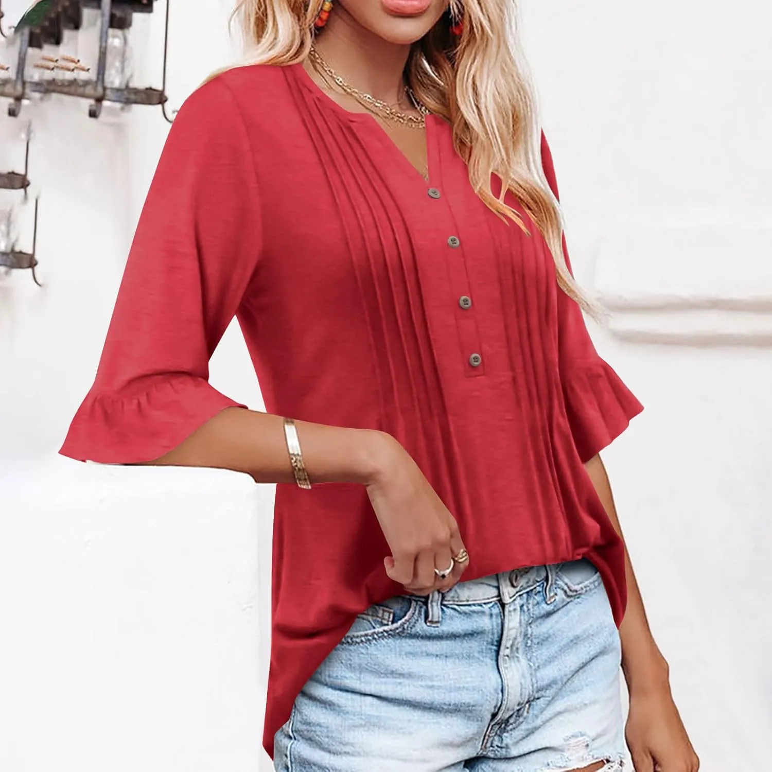Oplxuo Womens Button Down Shirts Ruffle Short Sleeve V-Neck Pleated Front Tunic Tops Dressy Casual Work Blouses