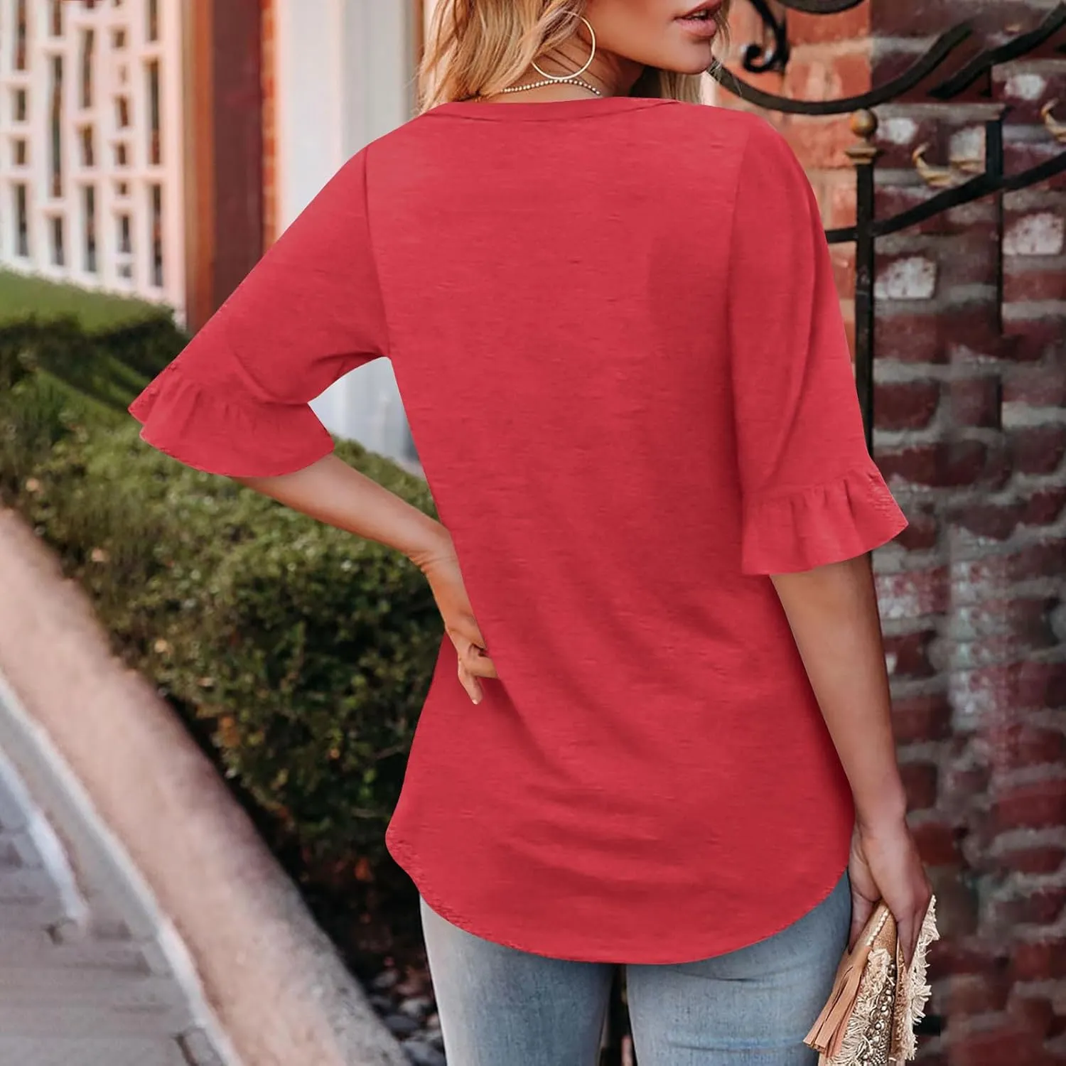 Oplxuo Womens Button Down Shirts Ruffle Short Sleeve V-Neck Pleated Front Tunic Tops Dressy Casual Work Blouses