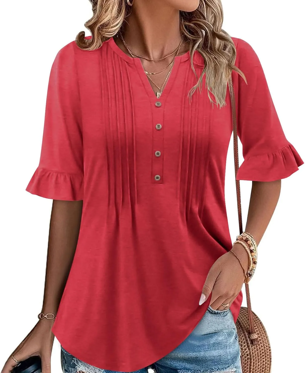 Oplxuo Womens Button Down Shirts Ruffle Short Sleeve V-Neck Pleated Front Tunic Tops Dressy Casual Work Blouses