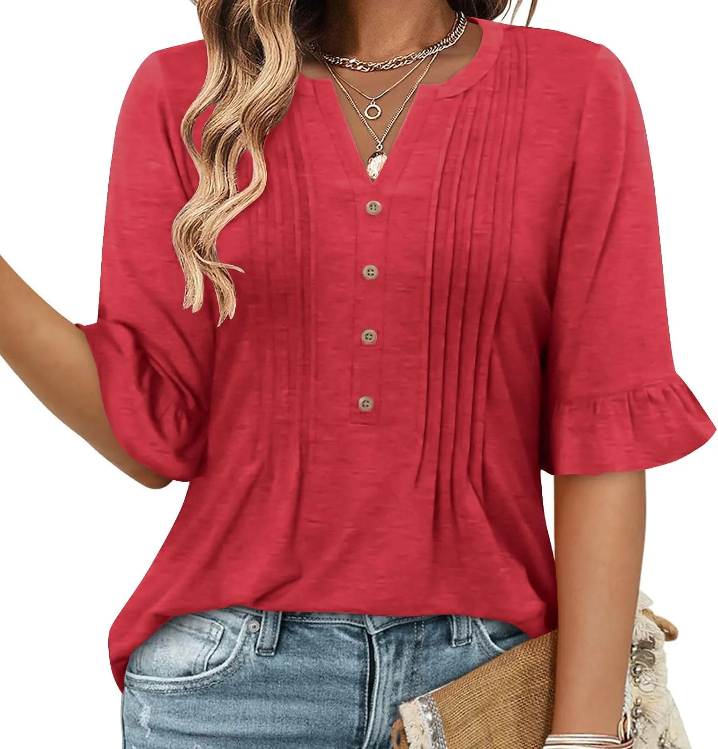 Oplxuo Womens Button Down Shirts Ruffle Short Sleeve V-Neck Pleated Front Tunic Tops Dressy Casual Work Blouses