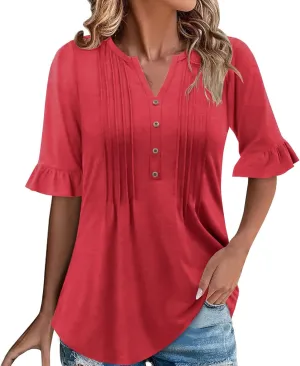 Oplxuo Womens Button Down Shirts Ruffle Short Sleeve V-Neck Pleated Front Tunic Tops Dressy Casual Work Blouses