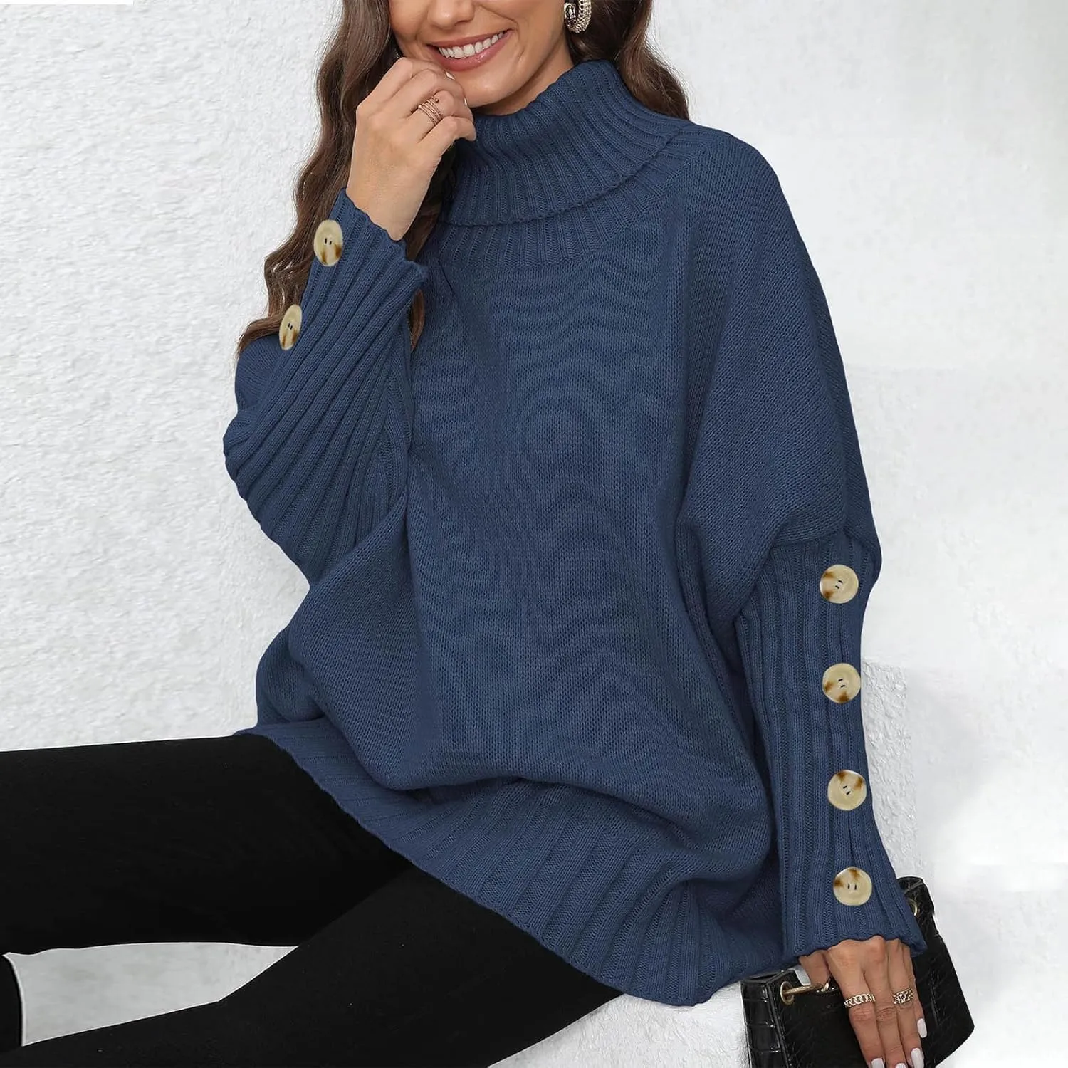 Oversized Sweaters for Women Turtle Neck Long Sleeve Blouse Loose Button Down Sweater Thick Warm Pullover Blouse