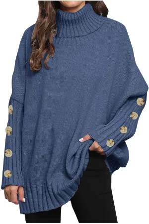 Oversized Sweaters for Women Turtle Neck Long Sleeve Blouse Loose Button Down Sweater Thick Warm Pullover Blouse