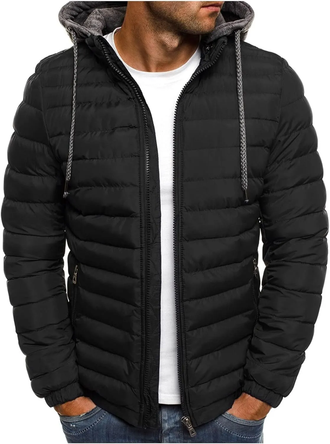 Packable Down Jacket Mens Lightweight Puffer Jacket Zip up Quilted Jacket Detachable Hoodie Jacket Warm Winter Coat