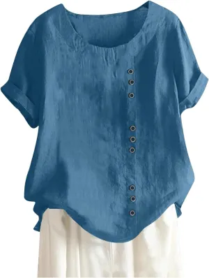 PETYCZEN Linen Shirts for Women Summer 2023 Vintage Short Sleeve Crewneck Button Down Shirts Plus Size Blouses Trendy Clothes