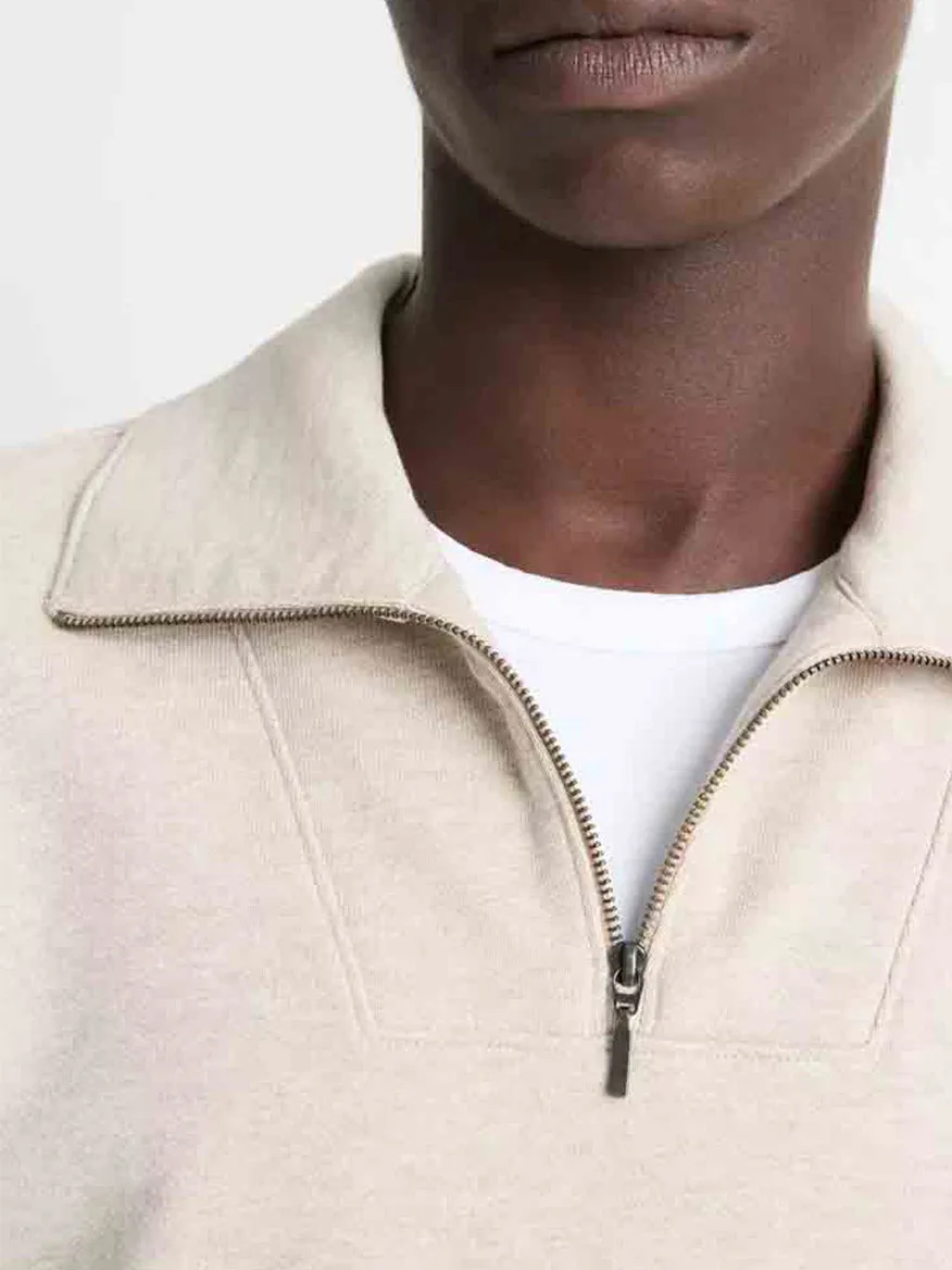 Vince Cotton-Blend Mock Neck Quarter-Zip Pullover in Heather Sheep