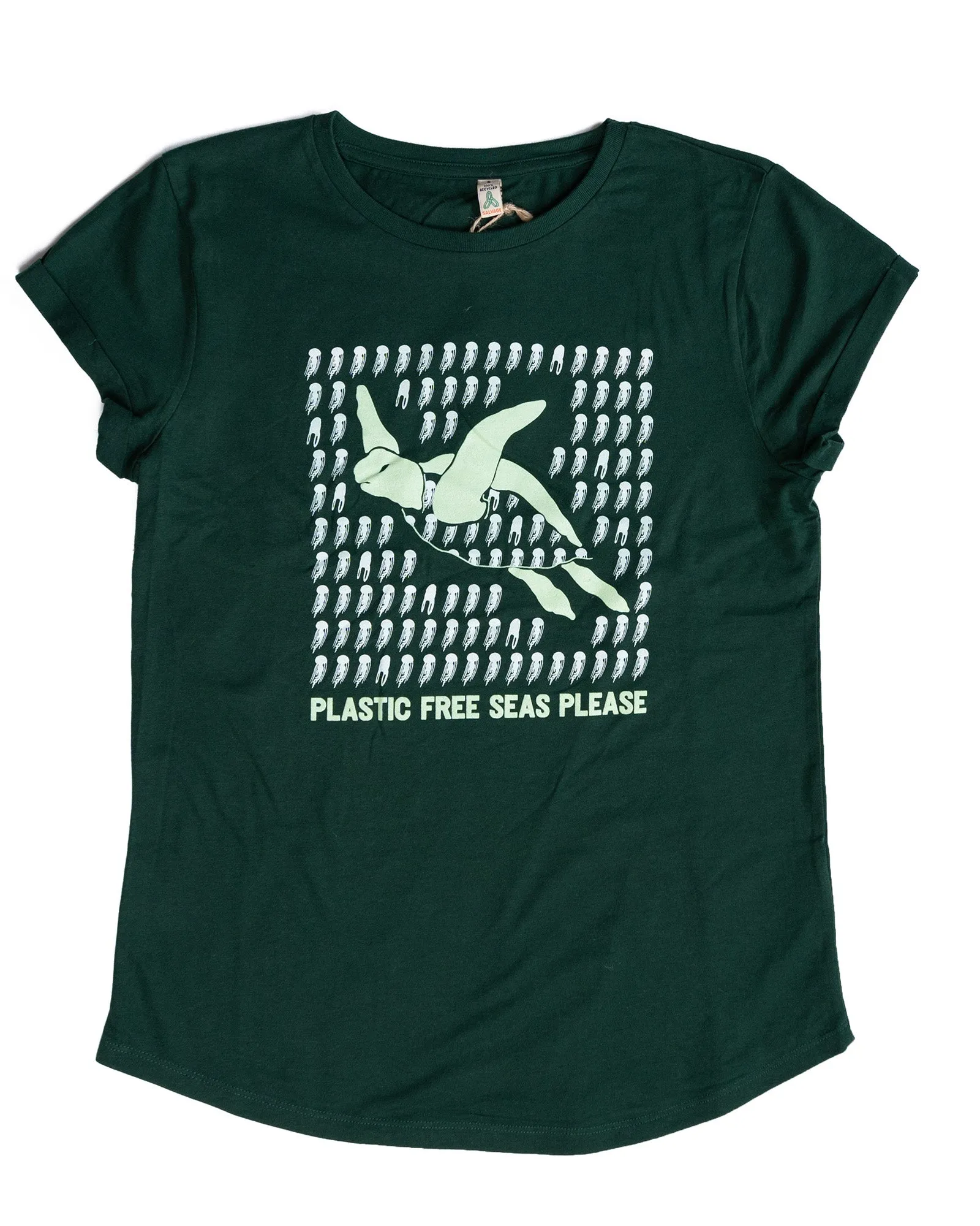 Women's 100% Recycled T-Shirt: Green Turtle 'Plastic Free Seas Please'