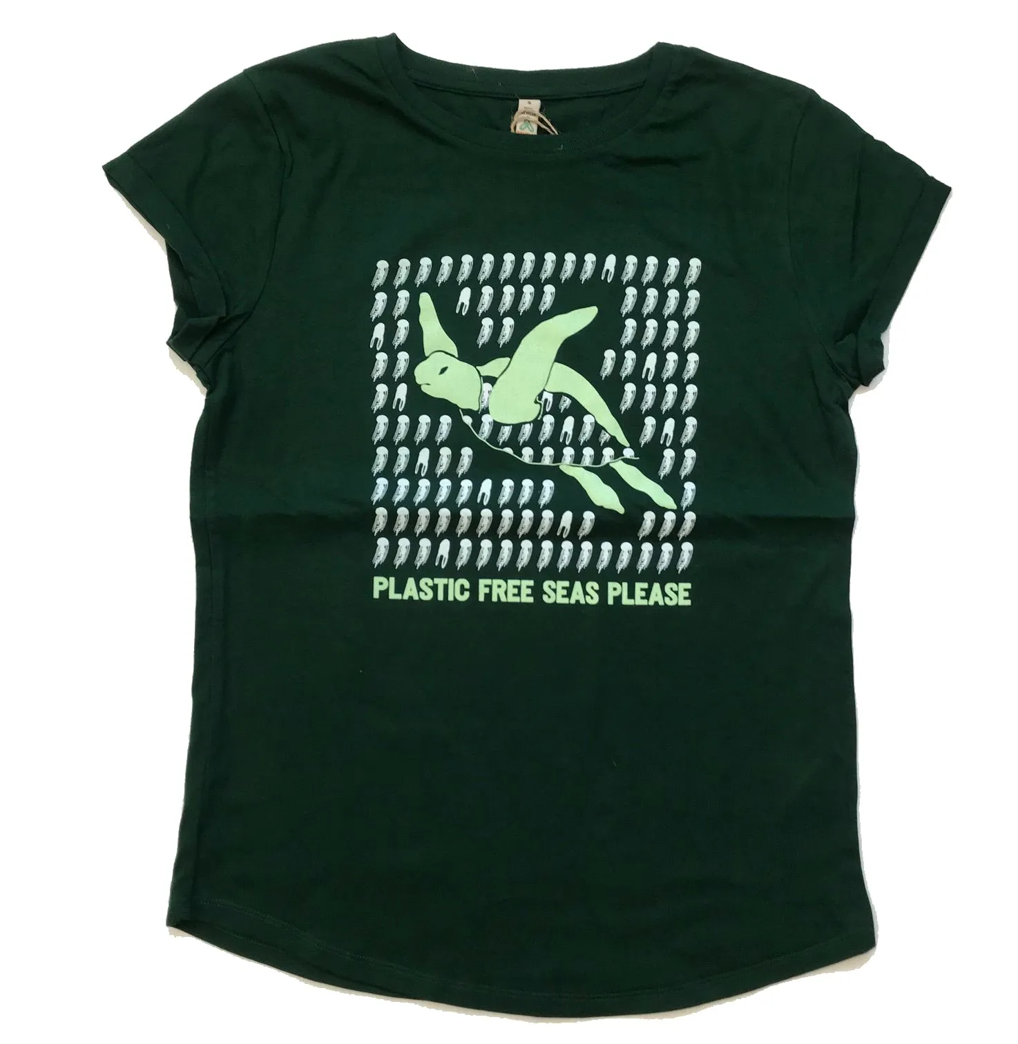 Women's 100% Recycled T-Shirt: Green Turtle 'Plastic Free Seas Please'