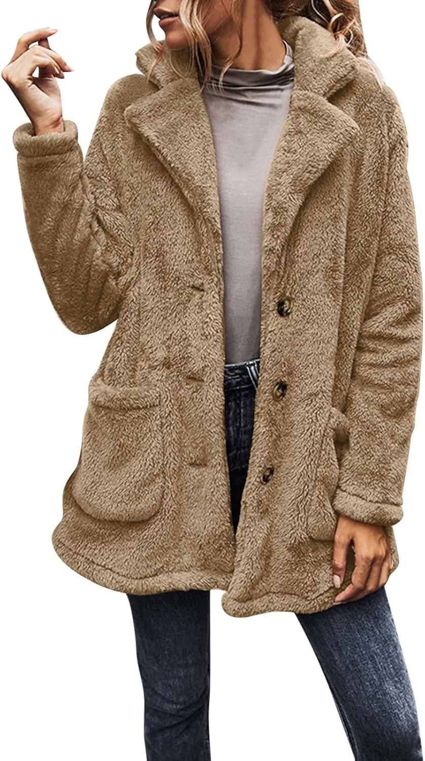 Womens 2023 Winter Jacket Fleece Teddy Bear Sherpa Jacket Coats with Pockets Outerwear Long Sleeve Casual Winter Warm Coat