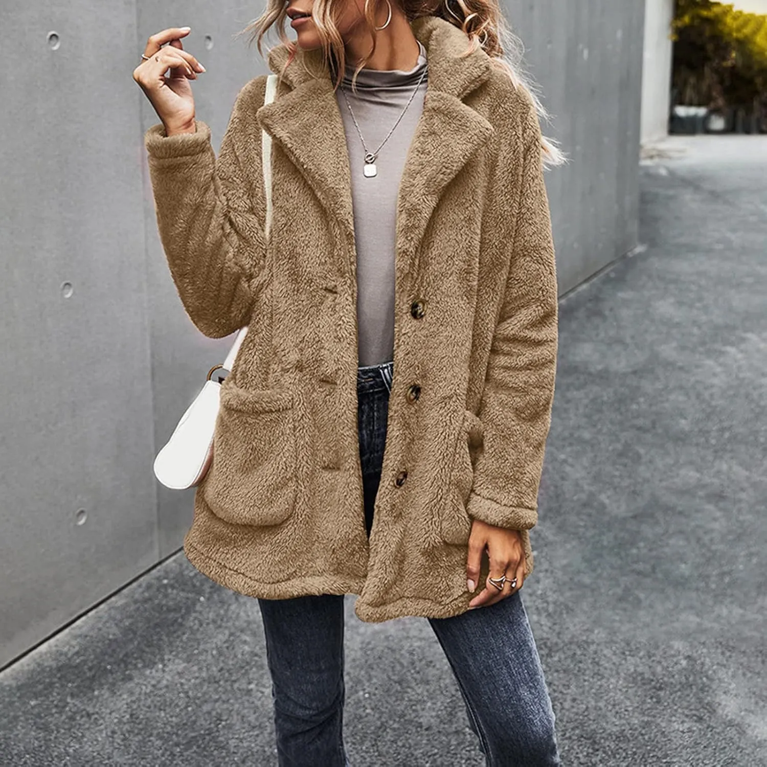 Womens 2023 Winter Jacket Fleece Teddy Bear Sherpa Jacket Coats with Pockets Outerwear Long Sleeve Casual Winter Warm Coat