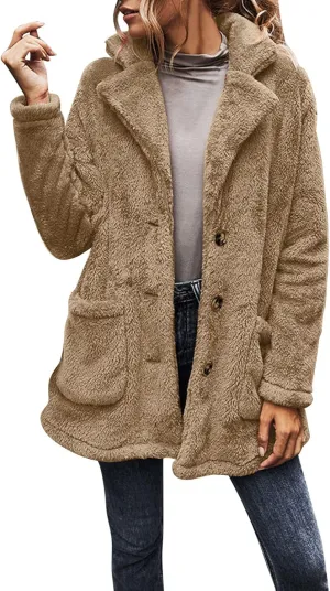 Womens 2023 Winter Jacket Fleece Teddy Bear Sherpa Jacket Coats with Pockets Outerwear Long Sleeve Casual Winter Warm Coat