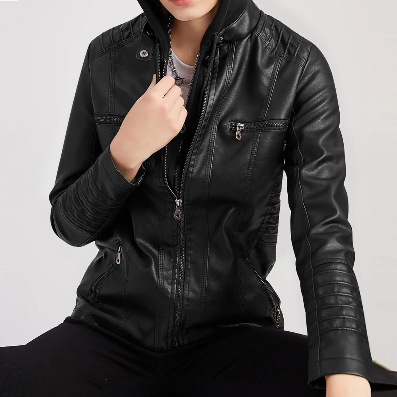 Womens Faux Leather Motorcycle Jacket with Hoodie Plus Size Long Sleeve Biker Coat Casual Zip Up Short Outwear M-5XL