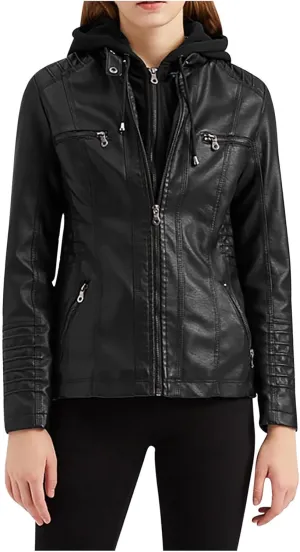 Womens Faux Leather Motorcycle Jacket with Hoodie Plus Size Long Sleeve Biker Coat Casual Zip Up Short Outwear M-5XL
