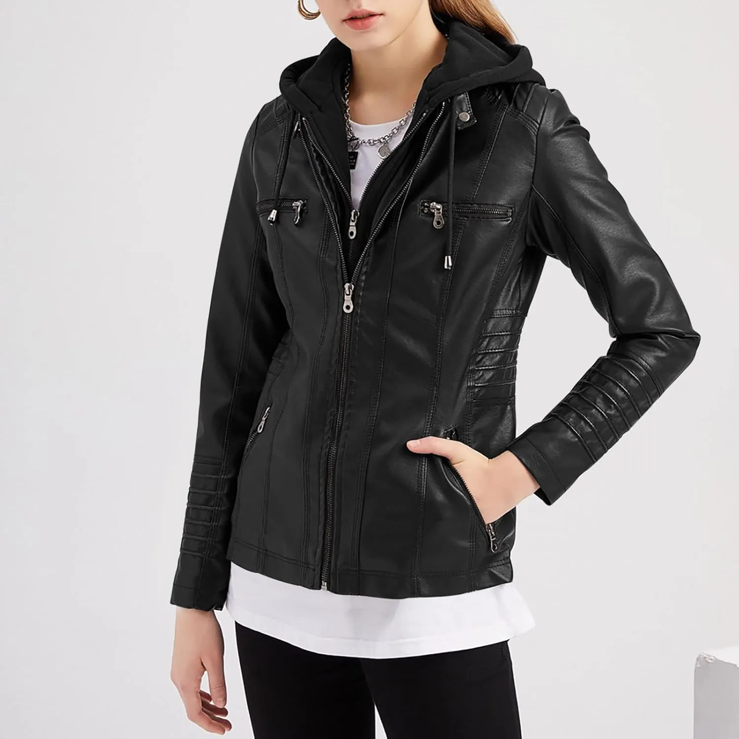 Womens Faux Leather Motorcycle Jacket with Hoodie Plus Size Long Sleeve Biker Coat Casual Zip Up Short Outwear M-5XL