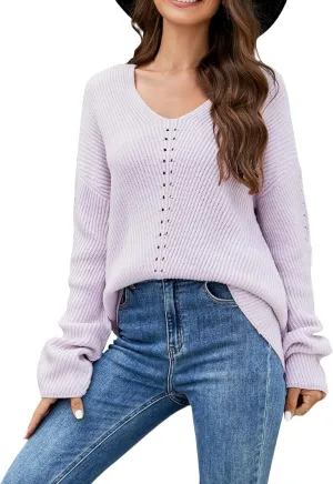Womens Floral Print V Neck Knit Sweater Long Sleeve Fashion Tops Fall Pullover Crewneck Chunky Cable Knit Blouse Top