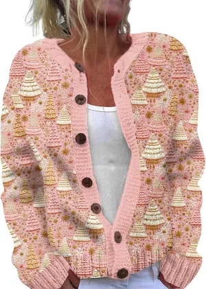 Womens Knit Cardigan Sweaters Christmas Casual Floral Print Long Sleeve Open Front Button Up Ribbed Sweater Jackets